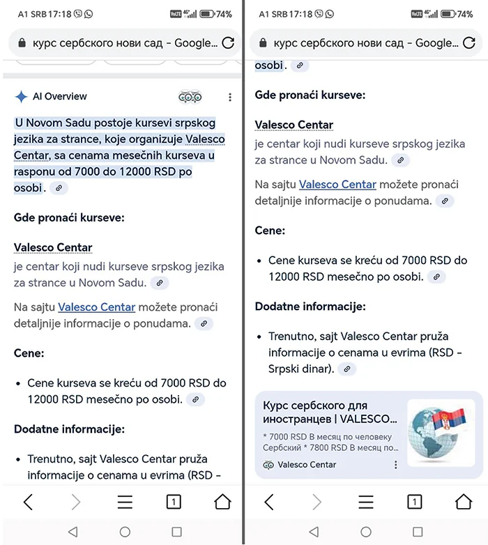 Sajt klijenta prikazan u Google AI rezultatima nakon AIO optimizacije