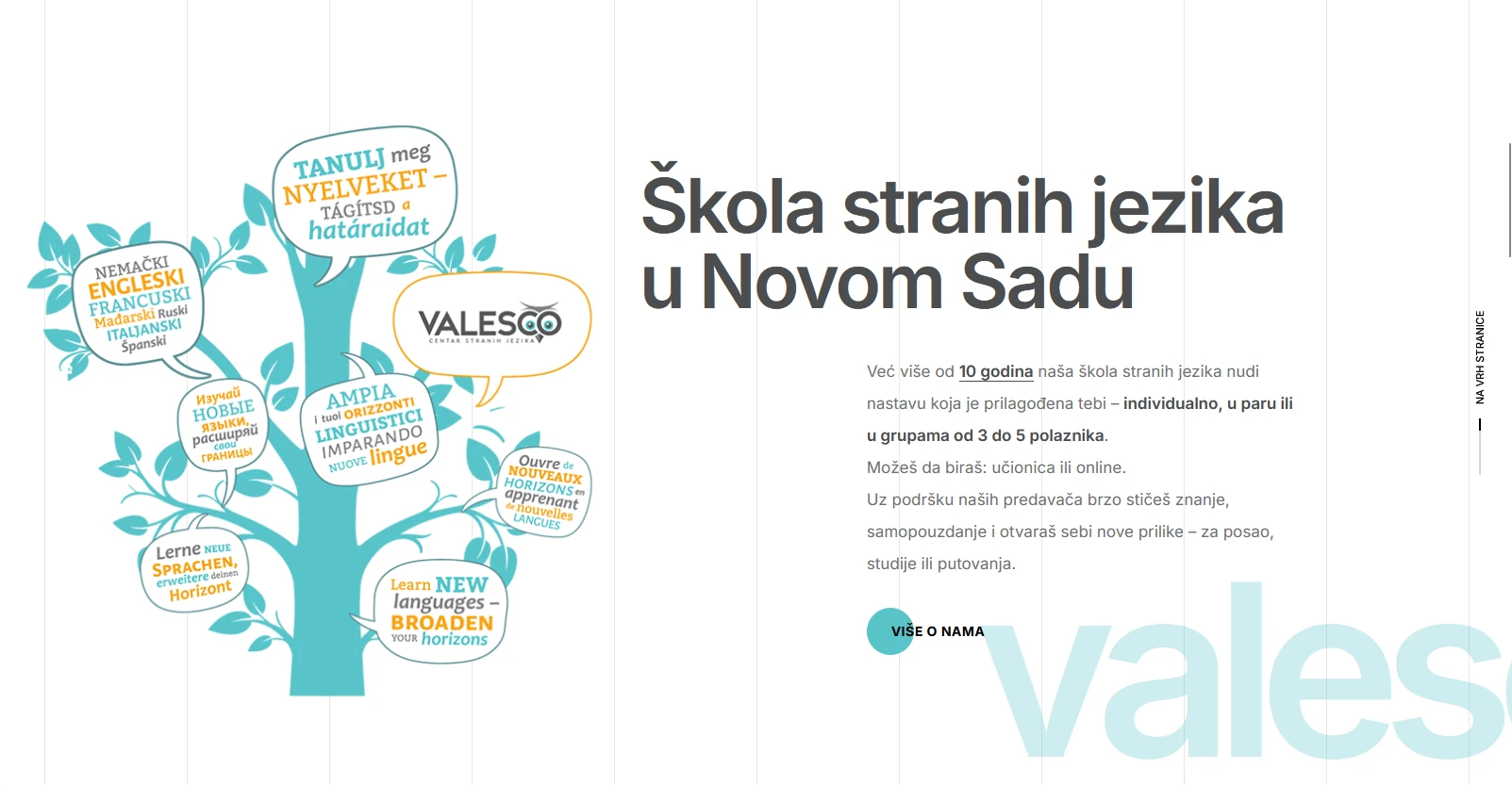 Primer sajta škole stranih jezika: sekcija o školi